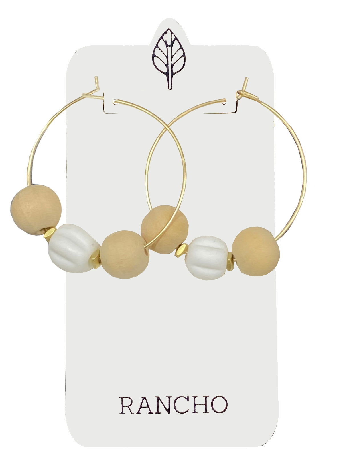 Wood ball beads with white fluted glass on extra hoop