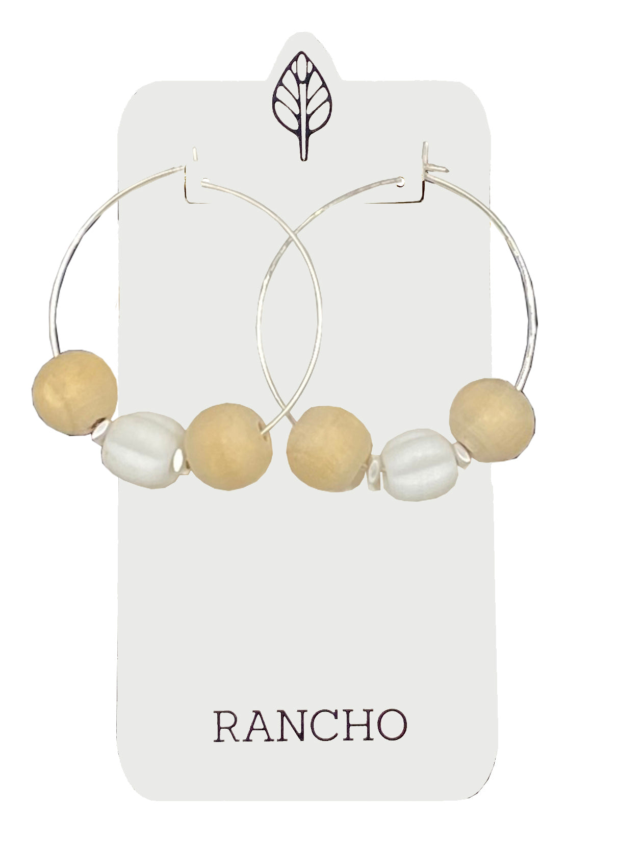 Wood ball beads with white fluted glass on extra hoop