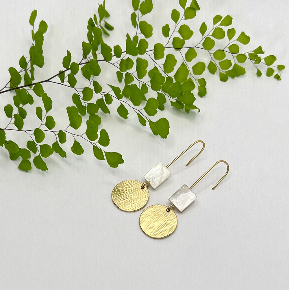 Disc with square mother of pearl bead straight hook earring