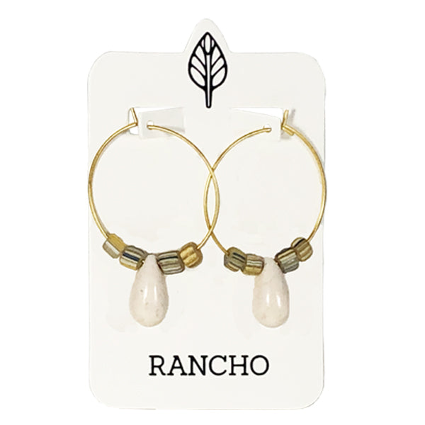 Fawn Stone Drop and Glass Beads Large Gold Hook Earring