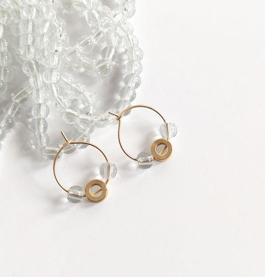 Round Glass and Small circle Hoop Earrings