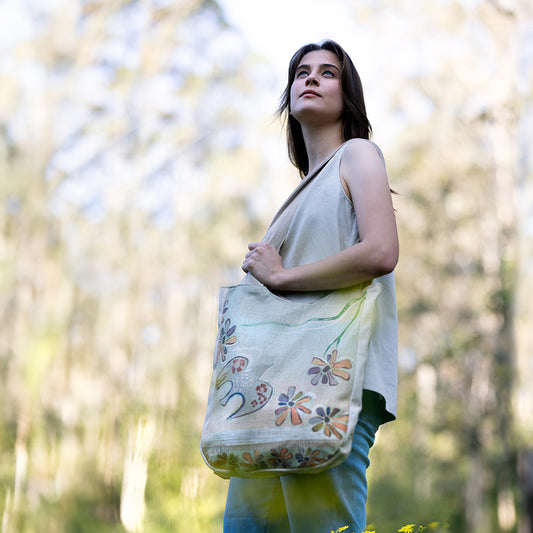 Flower Dove Linen Shoulder Bag
