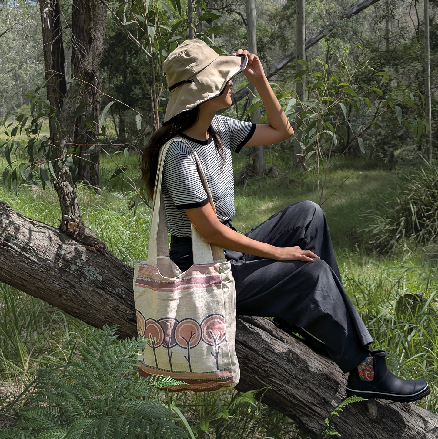 Tan Lolly Pop Trees Linen Shoulder Bag