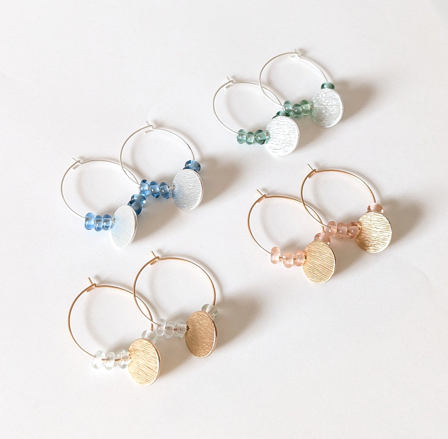 Coloured glass beads disc hoop earrings