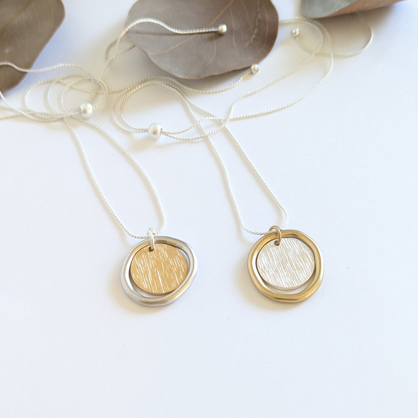 Ring with textured Disc Chain Necklace