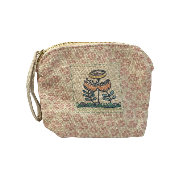 Pink Flowers Linen Clutch Bag