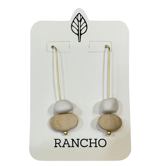 Long Straight Hook with White Resin and Wood Oval Earring