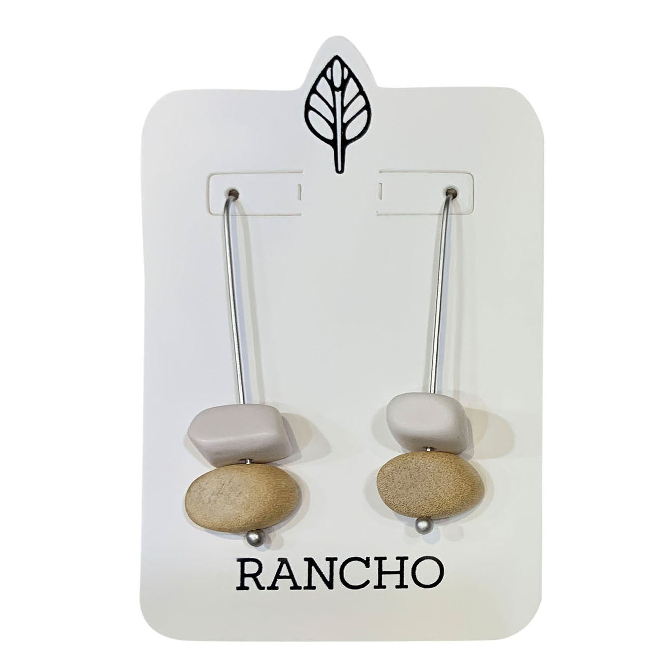 Long Straight Hook with White Resin and Wood Oval Earring