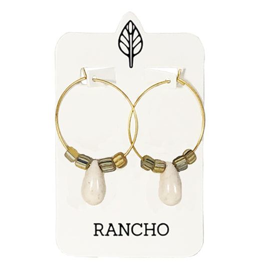 Fawn Stone Drop and Glass Beads Large Gold Hook Earring